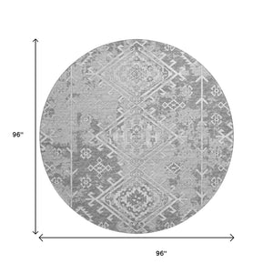 HomeRoots 8' Ash Gray and Ivory Geometric Washable Round Rug - Durable, UV-Protected, Perfect for Any Space! 643990