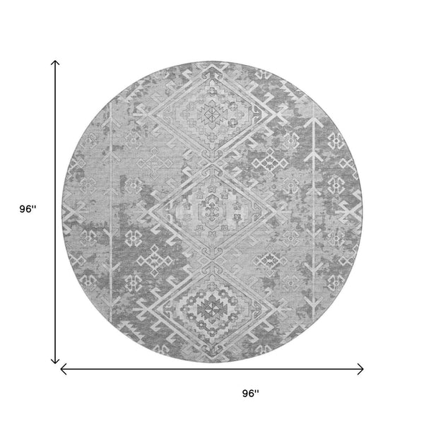 HomeRoots 8' Ash Gray and Ivory Geometric Washable Round Rug - Durable, UV-Protected, Perfect for Any Space! 643990
