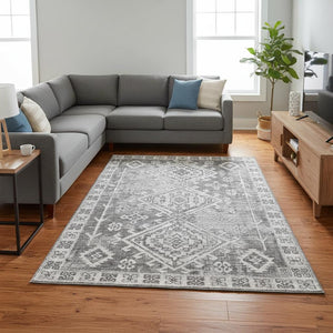 HomeRoots 8' X 10' Stylish Ash Gray & Ivory Geometric Washable Area Rug with UV Protection for Modern Homes 643991