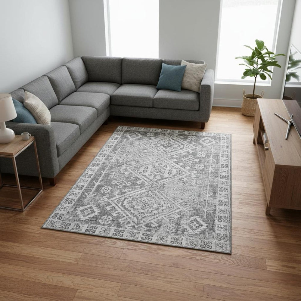 HomeRoots 9' X 12' Modern Ash Gray & Ivory Geometric Area Rug – Washable, UV-Protected, Stain-Resistant Design 643992