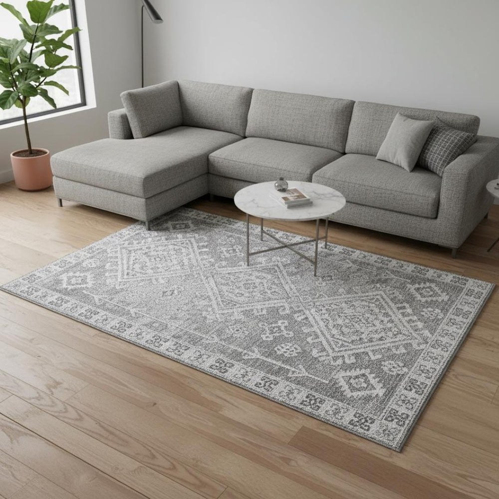 HomeRoots 10' X 14' Geometric Washable Area Rug in Ash Gray & Ivory – UV Protected, Durable, Stylish Design! 643993