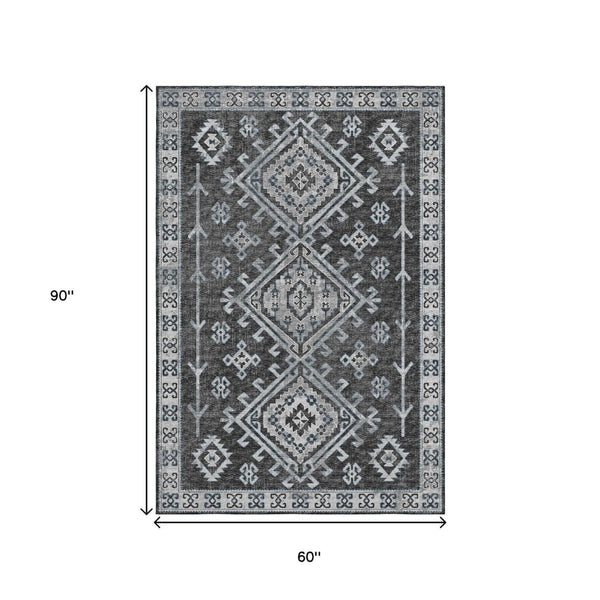 HomeRoots 5' X 8' Stylish Graphite Geometric Area Rug - Washable, UV Protected, Durable for High-Traffic Spaces 643995