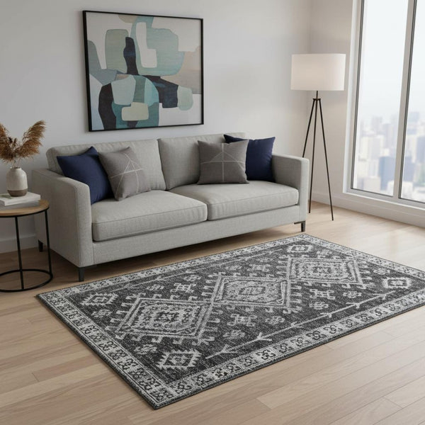 HomeRoots 5' X 8' Stylish Graphite Geometric Area Rug - Washable, UV Protected, Durable for High-Traffic Spaces 643995