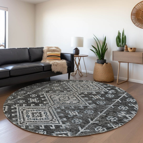 HomeRoots 8' Stylish Graphite & Charcoal Geometric Round Rug - Washable, UV-Protected for Busy Homes 643996