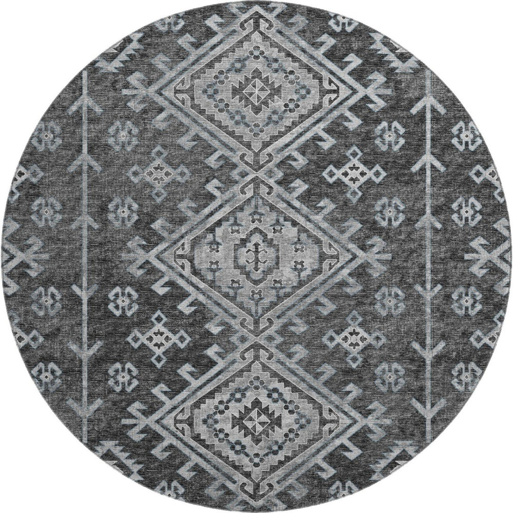 HomeRoots 8' Stylish Graphite & Charcoal Geometric Round Rug - Washable, UV-Protected for Busy Homes 643996
