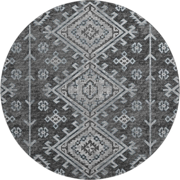 HomeRoots 8' Stylish Graphite & Charcoal Geometric Round Rug - Washable, UV-Protected for Busy Homes 643996