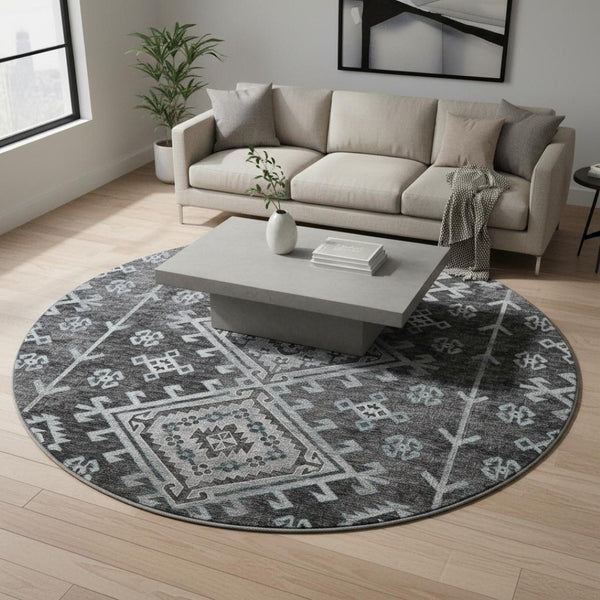 HomeRoots 8' Stylish Graphite & Charcoal Geometric Round Rug - Washable, UV-Protected for Busy Homes 643996