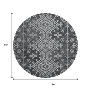 HomeRoots 8' Stylish Graphite & Charcoal Geometric Round Rug - Washable, UV-Protected for Busy Homes 643996