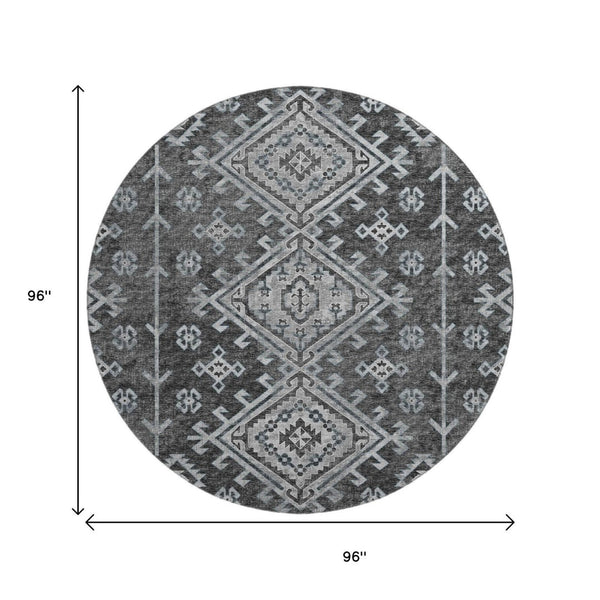 HomeRoots 8' Stylish Graphite & Charcoal Geometric Round Rug - Washable, UV-Protected for Busy Homes 643996