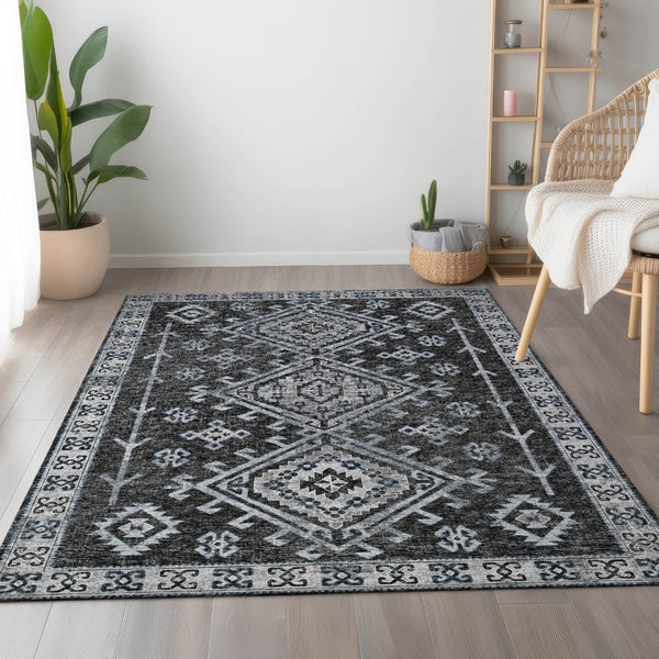 HomeRoots 8' X 10' Stylish Graphite Charcoal Geometric Washable Area Rug with UV Protection for Busy Homes 643997