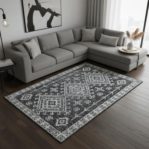 HomeRoots 8' X 10' Stylish Graphite Charcoal Geometric Washable Area Rug with UV Protection for Busy Homes 643997
