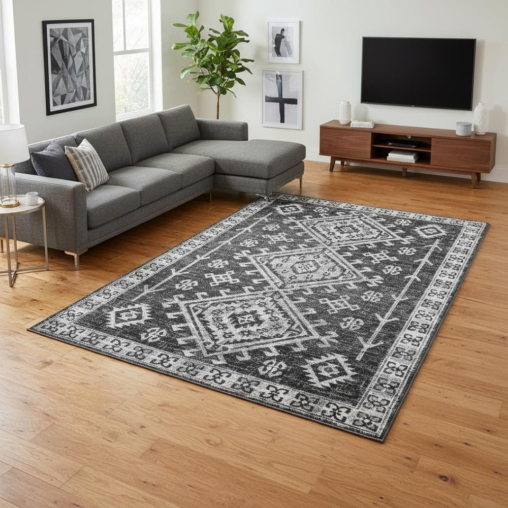 HomeRoots 9' X 12' Graphite & Charcoal Geometric Washable Area Rug - Stylish, Durable, UV Protected for Homes 643998