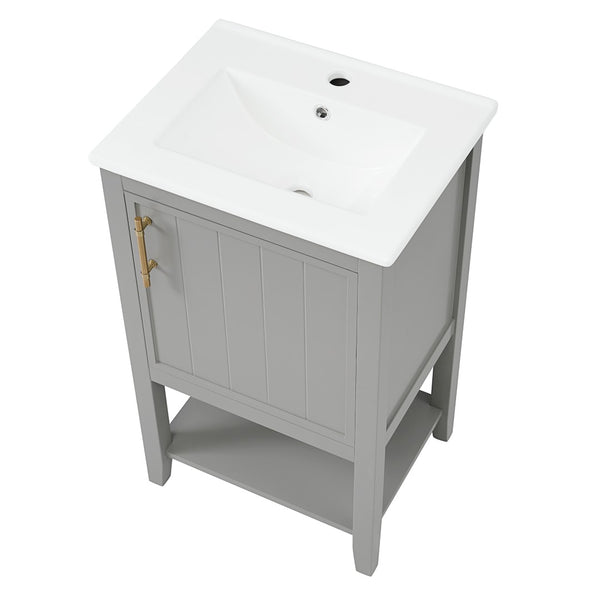 English Elm 20" Matte Freestanding Bathroom Vanity Rubberwood Cabinet Ceramic Sink Open Shelf Grey N725P391115E