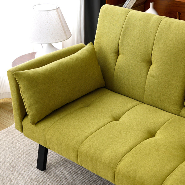 English Elm 70-inch Foldable Cotton Linen Sofa Bed with Cup Holder & Side Storage, Space-Saving 2-Seater Design Green W3371P337200