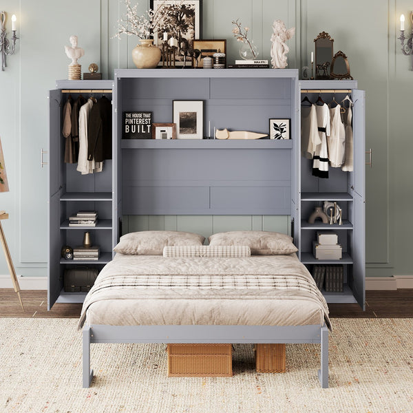 English Elm Full Full Size Murphy Bed with Two Wardrobes and Foldable Platform, Space-Saving Modern Guest Solution Gray 84.9 L x 12 W x 7 H N733S235596E