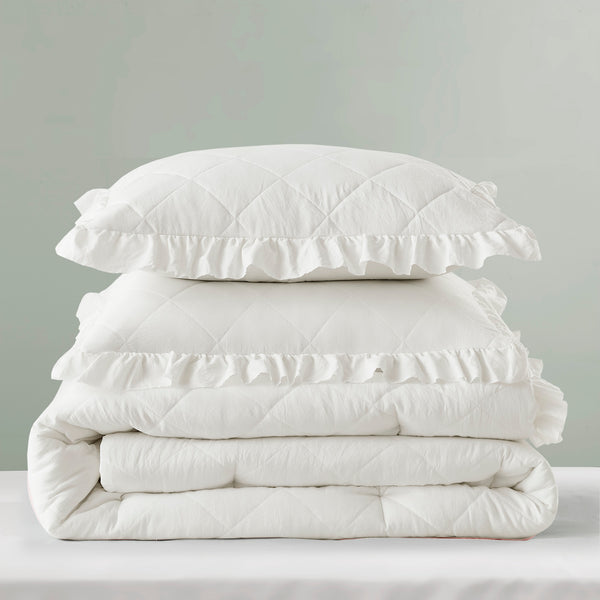 JLA Home Comfort Spaces - Diamond Quilted Ruffle Edge Comforter Set Oeko-Tex Midweight Plush Cloud-Like Loft for Year-Round Comfort Ivory AM10-0195