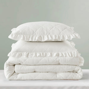 JLA Home Comfort Spaces - Diamond Quilted Ruffle Edge Comforter Set — Oeko‑Tex Certified Midweight Plush Loft, Pre-Washed Softness for Year-Round Cozy Sleep Ivory AM10-0194