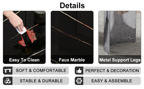 English Elm Table Set With 8 Light Gray Pu Chairs & Stunning Black Marble-Pattern Glass Top, Silver Legs W1151S02606-GIGA