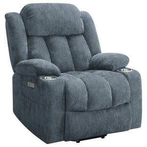 English Elm Beca Slate Blue Upholstered Power Lift Recliner with USB, Cupholders, Plush Channeling & Pillow Arms — Cozy Movie Night Comfort B062P378402