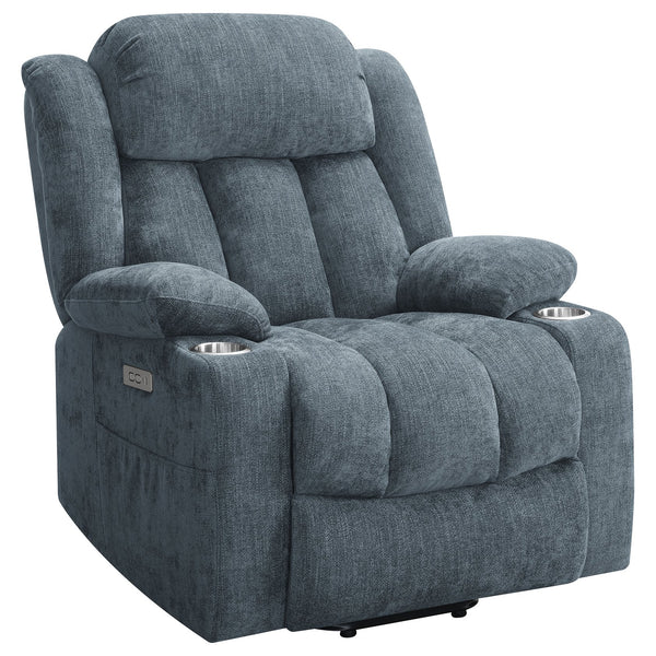 English Elm Beca Slate Blue Upholstered Power Lift Recliner with USB, Cupholders, Plush Channeling & Pillow Arms — Cozy Movie Night Comfort B062P378402