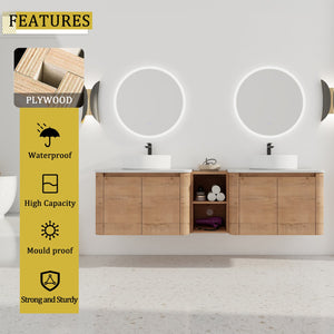 English Elm 72'' Wall-Mounted Bathroom Vanity With Ceramic Sink, Soft-Close Doors & Ample Storage Shelves W999S00416