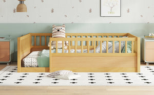 English Elm Full Montessori Floor Bed Frame with Fence for Kids — Pine Play & Reading Space, Sturdy Low Profile Natural W1580P307884