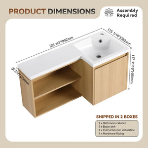 English Elm 36" Corner Floating Vanity with Integrated Resin Sink Open Shelf Light Oak Modern Bath W3450S00049