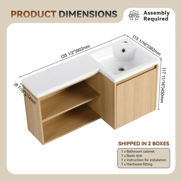 English Elm 36" Corner Floating Vanity with Integrated Resin Sink Open Shelf Light Oak Modern Bath W3450S00049