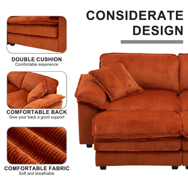 English Elm Corduroy Plush 2-Seat Sofa with 2 Back Cushions, Toss Pillows & Ottomans — Deep Seat Comfort Orange W2363S00066