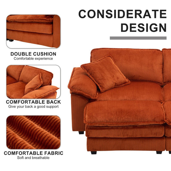 English Elm Corduroy Two Seat Sofa with Ottomans Deep Cushioned Couch for Cozy Living Rooms Orange W2363P216162