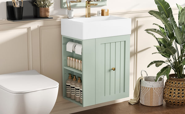 English Elm 20-Inch Compact Bathroom Vanity with Ceramic Sink, Wall-Mounted MDF Cabinet, Modern Space-Saver Design Green N725P314023F