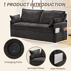 English Elm 59.5" Chenille Sleeper Sofa with Usb Charging Storage and Firm Foam Support W2606P301327