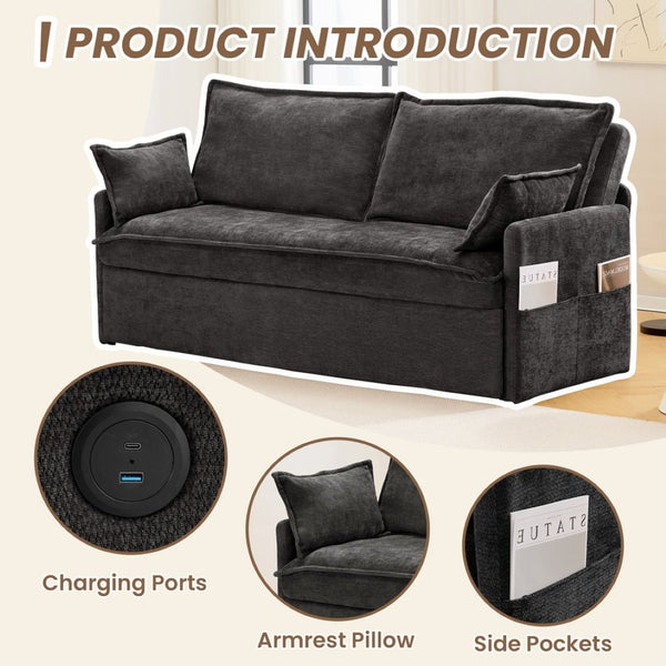 English Elm 59.5" Chenille Sleeper Sofa with Usb Charging Storage and Firm Foam Support W2606P301327