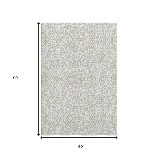 HomeRoots 5' X 8' Linen & Ivory Geometric Area Rug - Modern Style, UV Protection, Washable, Family-Friendly Design 644001
