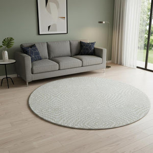 HomeRoots 8' Linen and Ivory Geometric Round Rug - Machine Washable, UV Protected, Perfect for Busy Homes! 644002