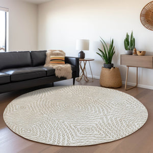 HomeRoots 8' Linen and Ivory Geometric Round Rug - Machine Washable, UV Protected, Perfect for Busy Homes! 644002
