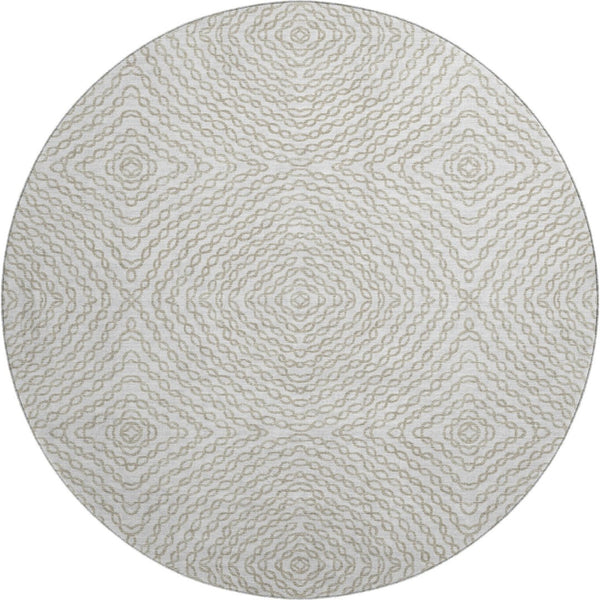 HomeRoots 8' Linen and Ivory Geometric Round Rug - Machine Washable, UV Protected, Perfect for Busy Homes! 644002
