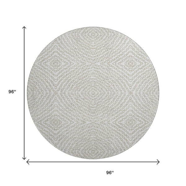 HomeRoots 8' Linen and Ivory Geometric Round Rug - Machine Washable, UV Protected, Perfect for Busy Homes! 644002