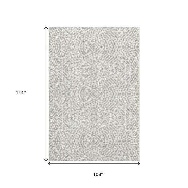 HomeRoots 9' X 12' Linen And Ivory Geometric Area Rug - Washable, UV Protected, Stain Resistant, Modern Style 644004