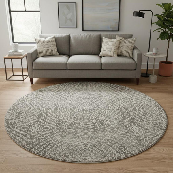 HomeRoots 8' Coffee and Beige Geometric Round Rug - Stylish, Washable, UV-Protected, Perfect for Any Space! 644008