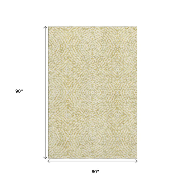 HomeRoots 5' X 8' Gold and Ivory Geometric Area Rug - Washable, UV-Protected, Soft, Stain-Resistant Design 644013