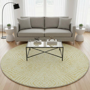 HomeRoots 8' Gold And Ivory Geometric Round Rug - Washable, Stain-Resistant, UV Protected for Modern Spaces 644014