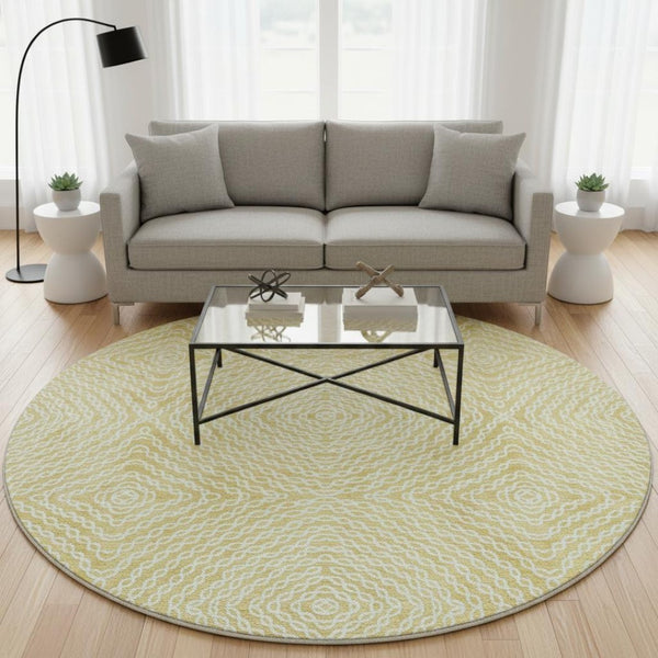 HomeRoots 8' Gold And Ivory Geometric Round Rug - Washable, Stain-Resistant, UV Protected for Modern Spaces 644014
