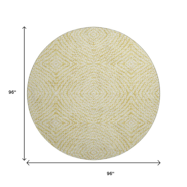 HomeRoots 8' Gold And Ivory Geometric Round Rug - Washable, Stain-Resistant, UV Protected for Modern Spaces 644014