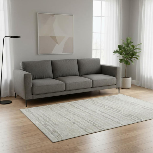 HomeRoots 5' X 8' Stylish Khaki and Ivory Striped Washable Area Rug with UV Protection for Family Living Spaces 644031