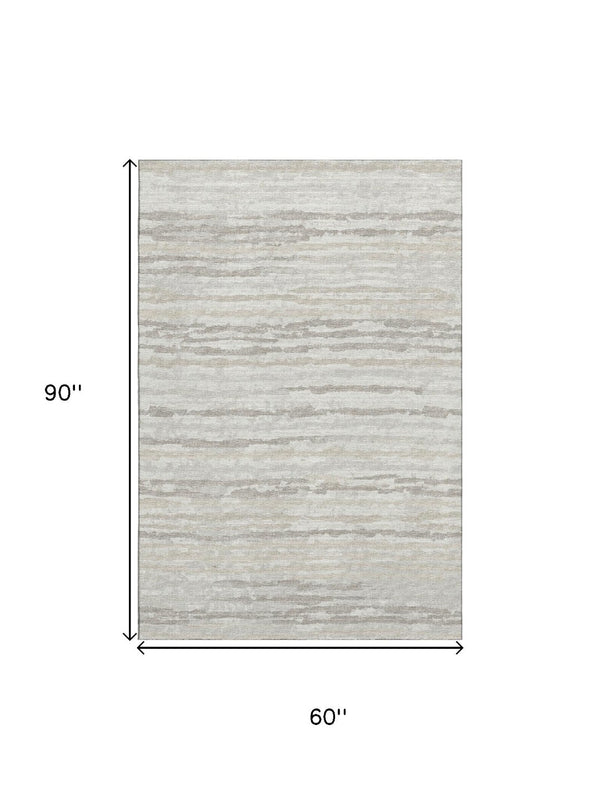 HomeRoots 5' X 8' Stylish Khaki and Ivory Striped Washable Area Rug with UV Protection for Family Living Spaces 644031