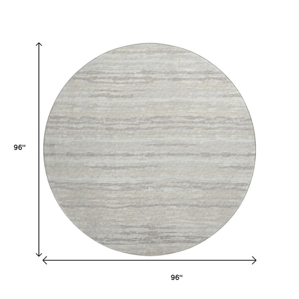 HomeRoots 8' Khaki and Ivory Striped Round Rug - Washable, UV Protected, Stain Resistant for Families & Pets 644032