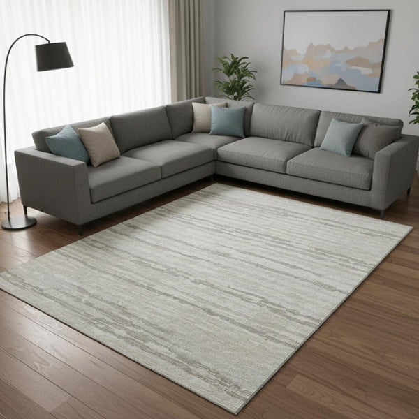 HomeRoots 9' X 12' Striped Khaki and Ivory Area Rug - Durable, Washable, UV-Protected, Perfect for Any Room! 644034