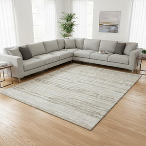 HomeRoots 10' X 14' Khaki and Ivory Striped Washable Area Rug - Durable, Stain-Resistant with UV Protection! 644035