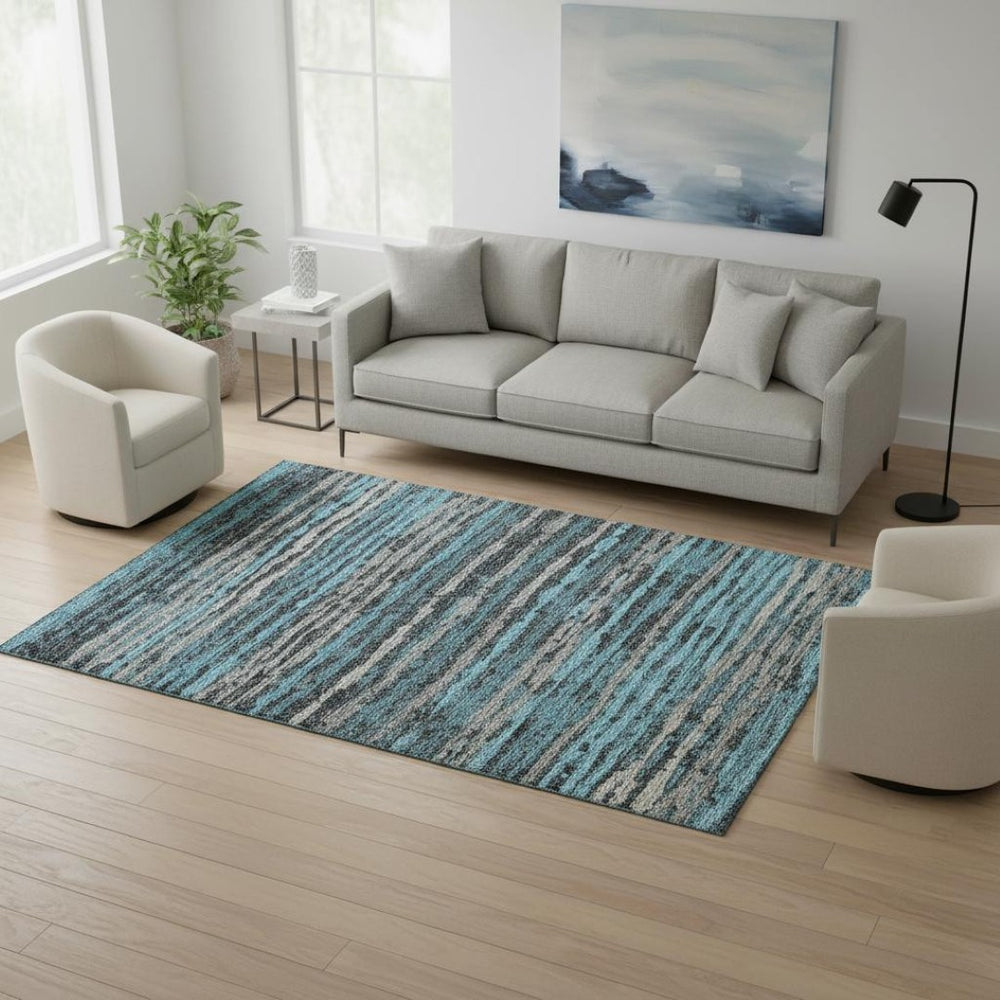 HomeRoots 5' X 8' Persian Blue & Charcoal Striped Area Rug - Washable, UV-Protected & Stain-Resistant Design 644037